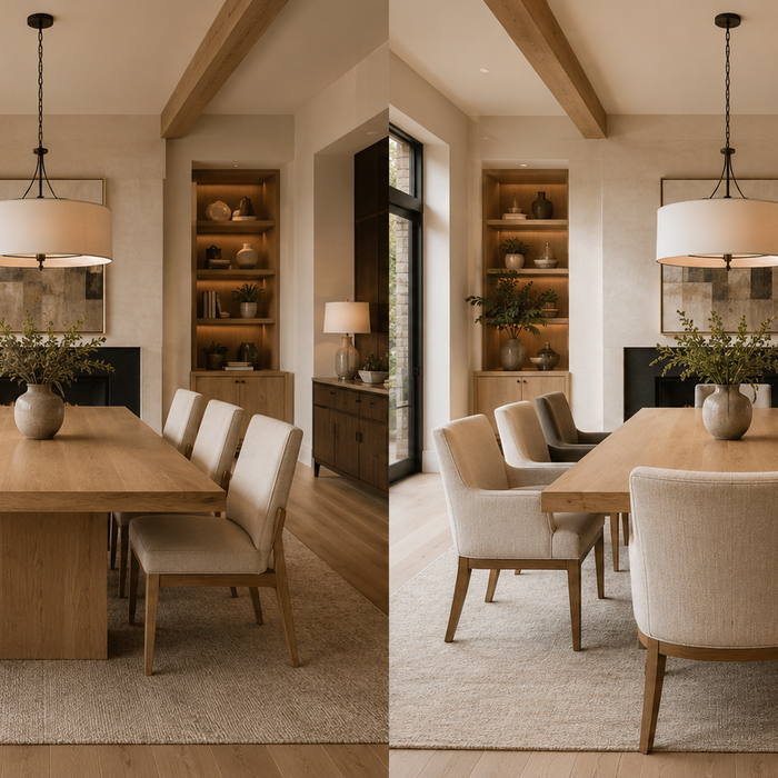 Dining table set vs individual pieces comparison with matching dining chairs, custom seating, dining room layout, and furniture buying guide