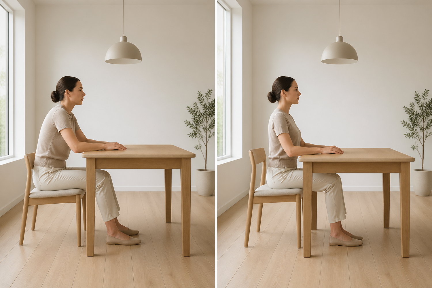 comparison of dining table and chair height showing proper ergonomic ratio versus incorrect seating setup