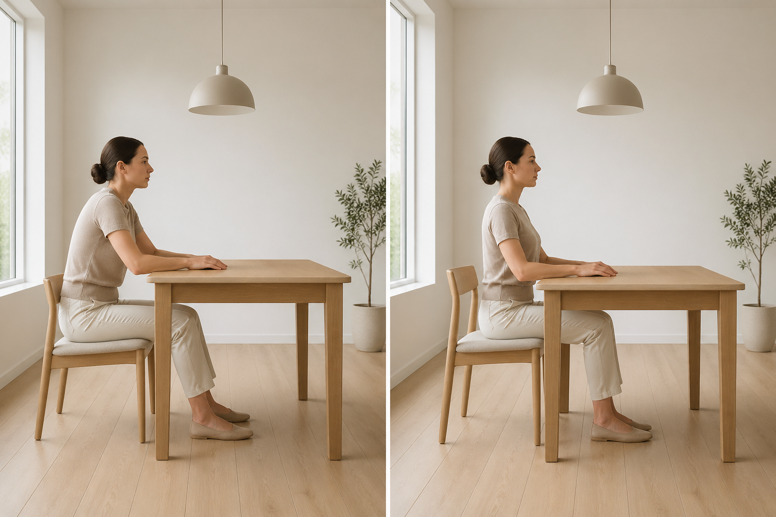 comparison of dining table and chair height showing proper ergonomic ratio versus incorrect seating setup