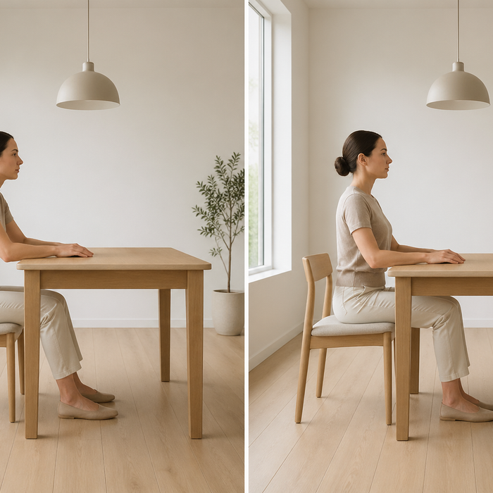 comparison of dining table and chair height showing proper ergonomic ratio versus incorrect seating setup