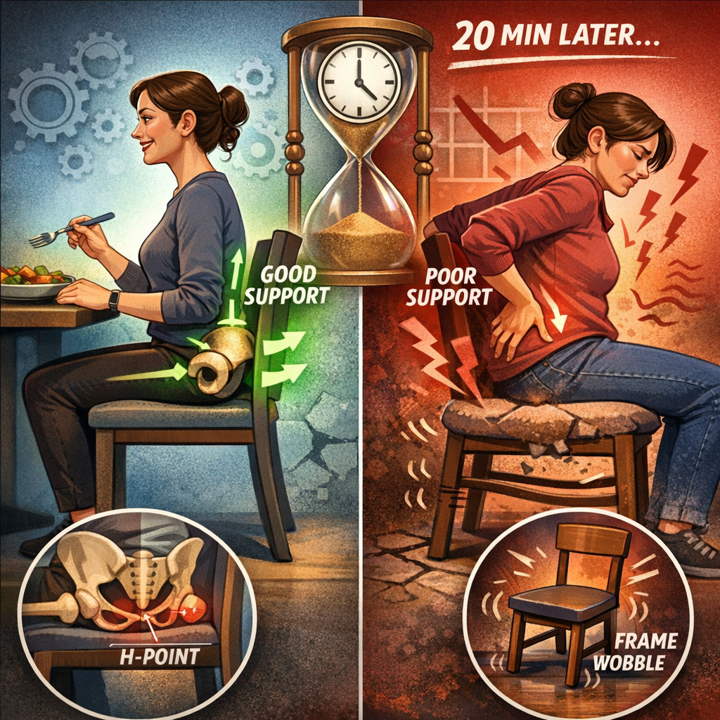Why dining chairs feel fine at first but hurt after 20 minutes showing good support vs poor support and posture breakdown over time