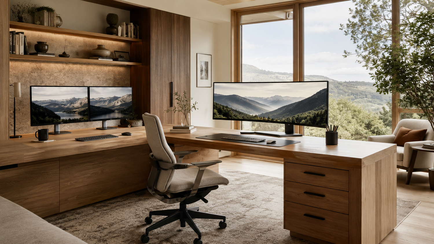 Dual monitors vs ultrawide monitor comparison in a luxury home office with ergonomic desk setup, productivity workspace, multitasking workflow, and modern workstation design