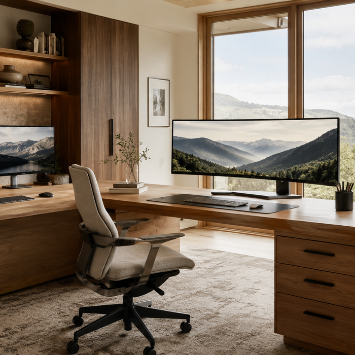 Dual monitors vs ultrawide monitor comparison in a luxury home office with ergonomic desk setup, productivity workspace, multitasking workflow, and modern workstation design