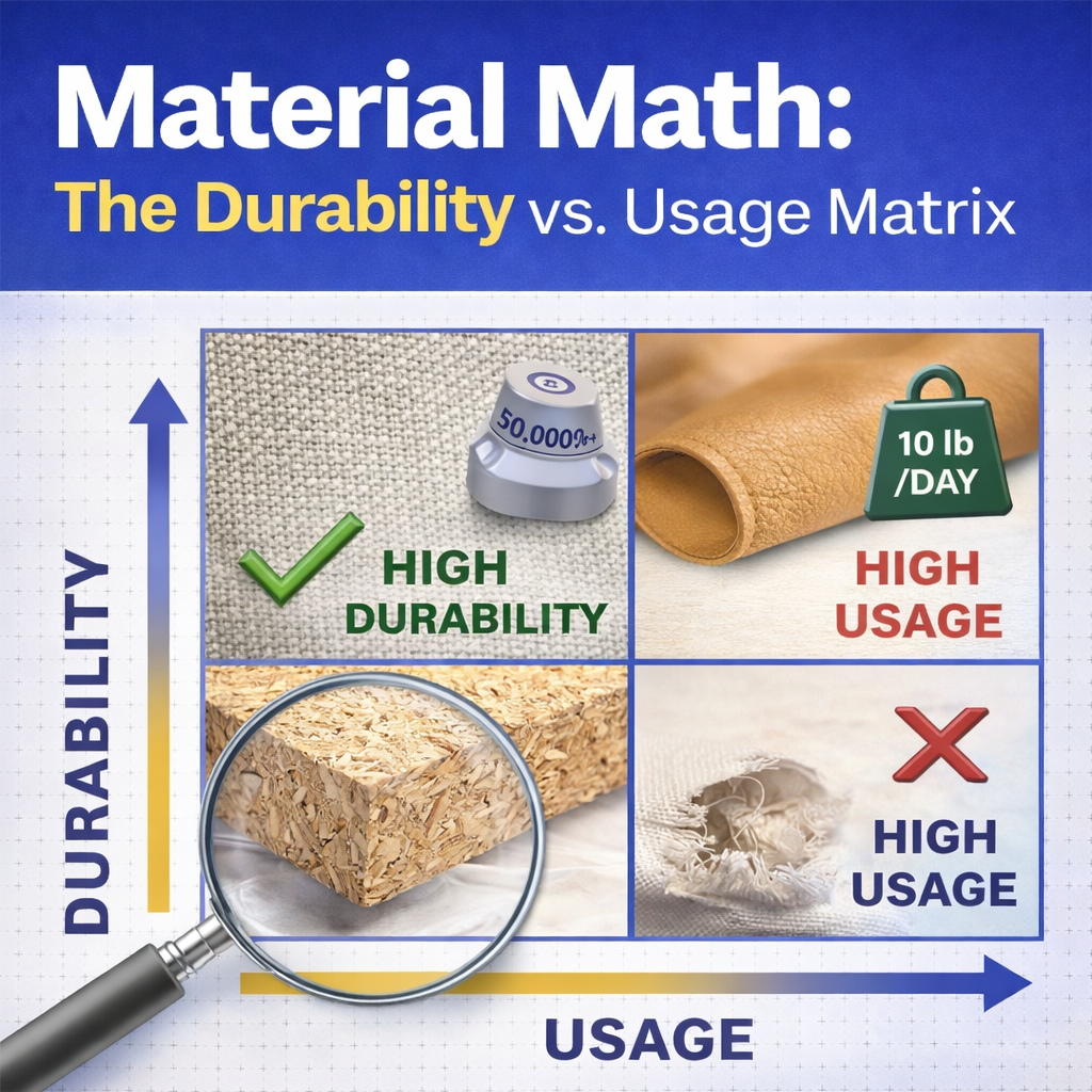 Material Math durability vs usage matrix showing how foam density, fabric quality, and daily use determine sofa lifespan and prevent sagging or failure