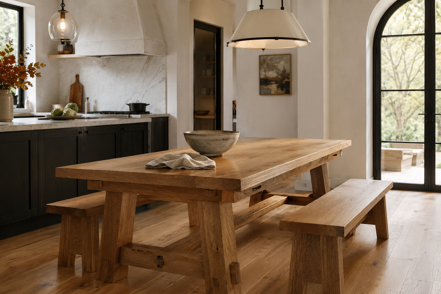 Beautiful solid oak kitchen table with heavy trestle base designed to resist wobble, sagging, and daily family wear