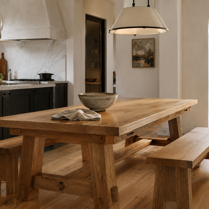 Beautiful solid oak kitchen table with heavy trestle base designed to resist wobble, sagging, and daily family wear