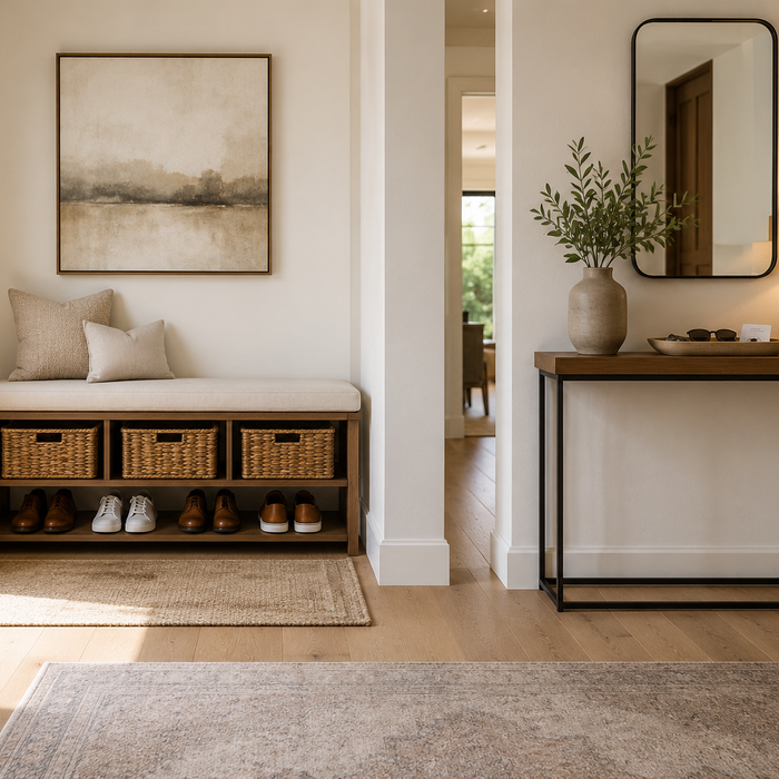 Modern foyer featuring an entryway bench and console table for storage and organization