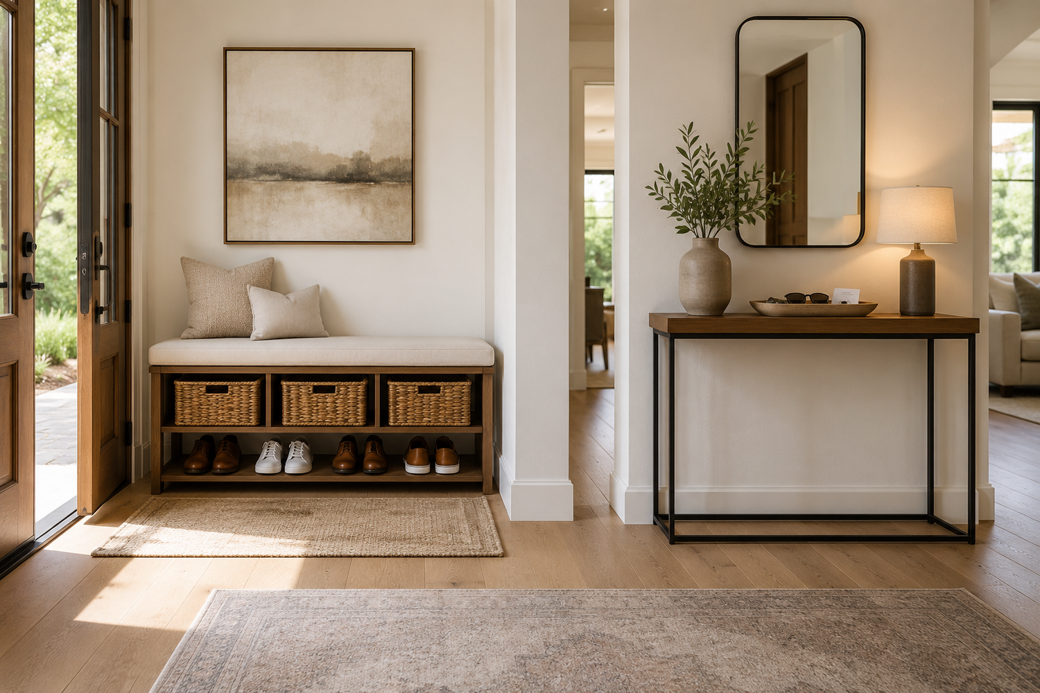 Modern foyer featuring an entryway bench and console table for storage and organization
