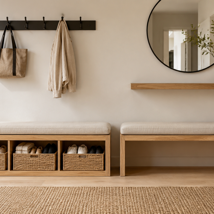 Entryway bench with storage and standard entryway bench compared in a modern Scandinavian entryway