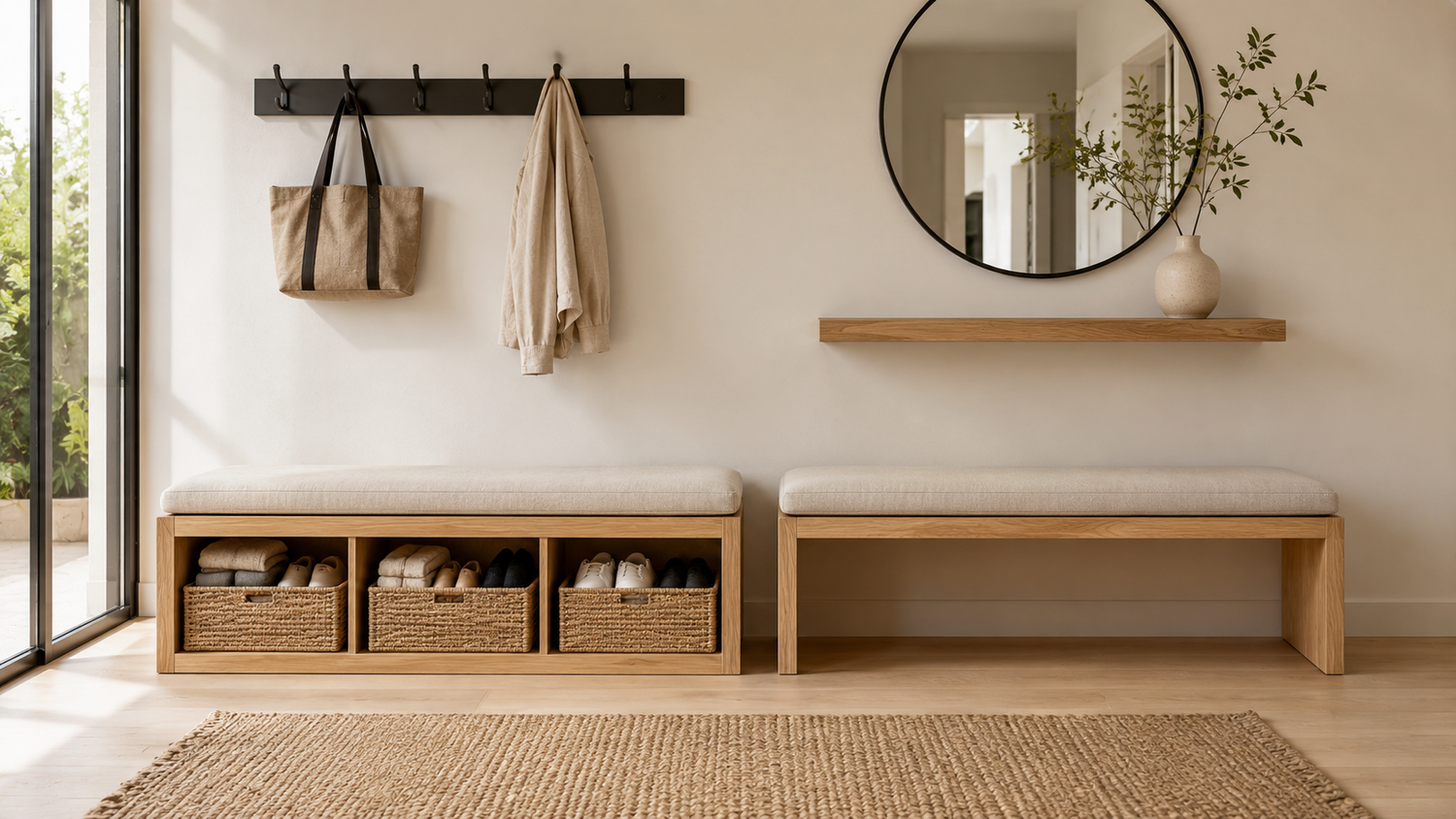 Entryway bench with storage and standard entryway bench compared in a modern Scandinavian entryway