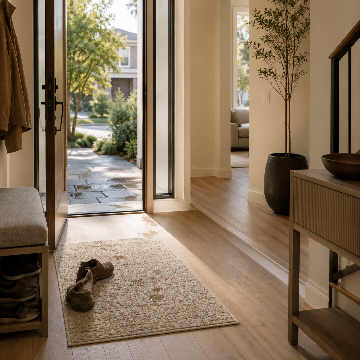 Modern entryway engineered for fall prevention showing safe circulation space, balanced lighting, stable flooring transitions, and organized front door movement flow