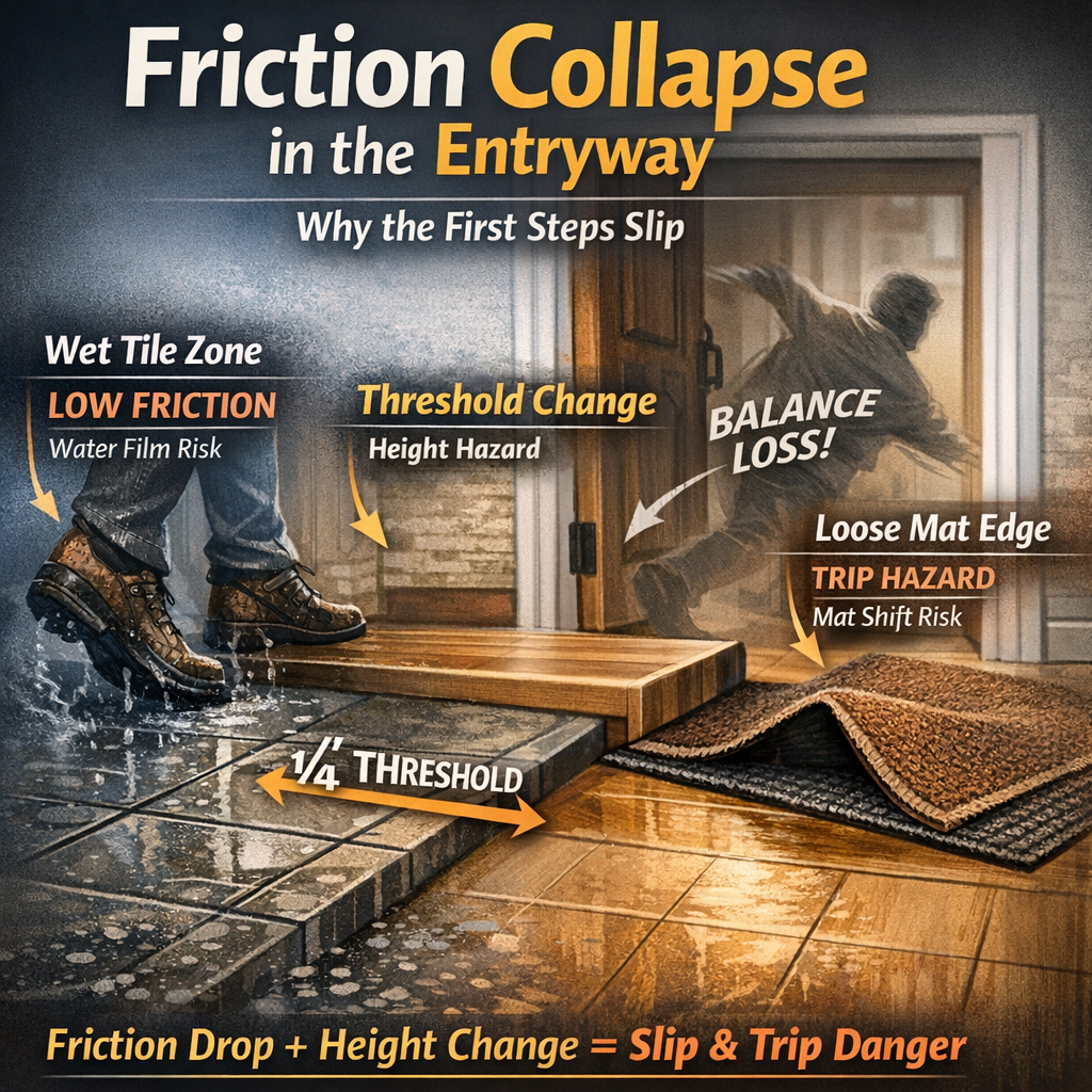 Why Entryway Floors Get Slippery: Wet vs Dry Friction, Mats & Slip Physics