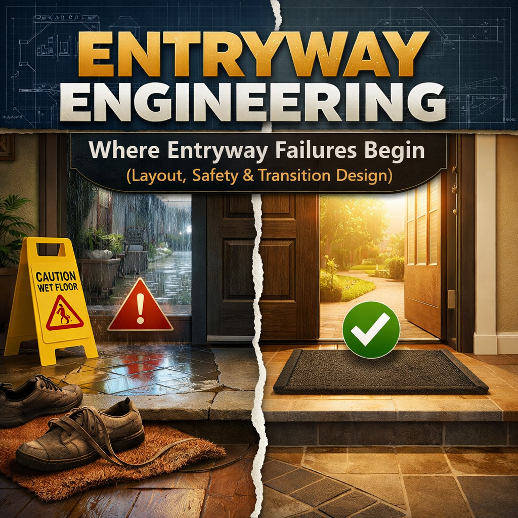 entryway safety design comparison wet floor slip hazards vs safe entryway layout with mat traction lighting and fall prevention setup