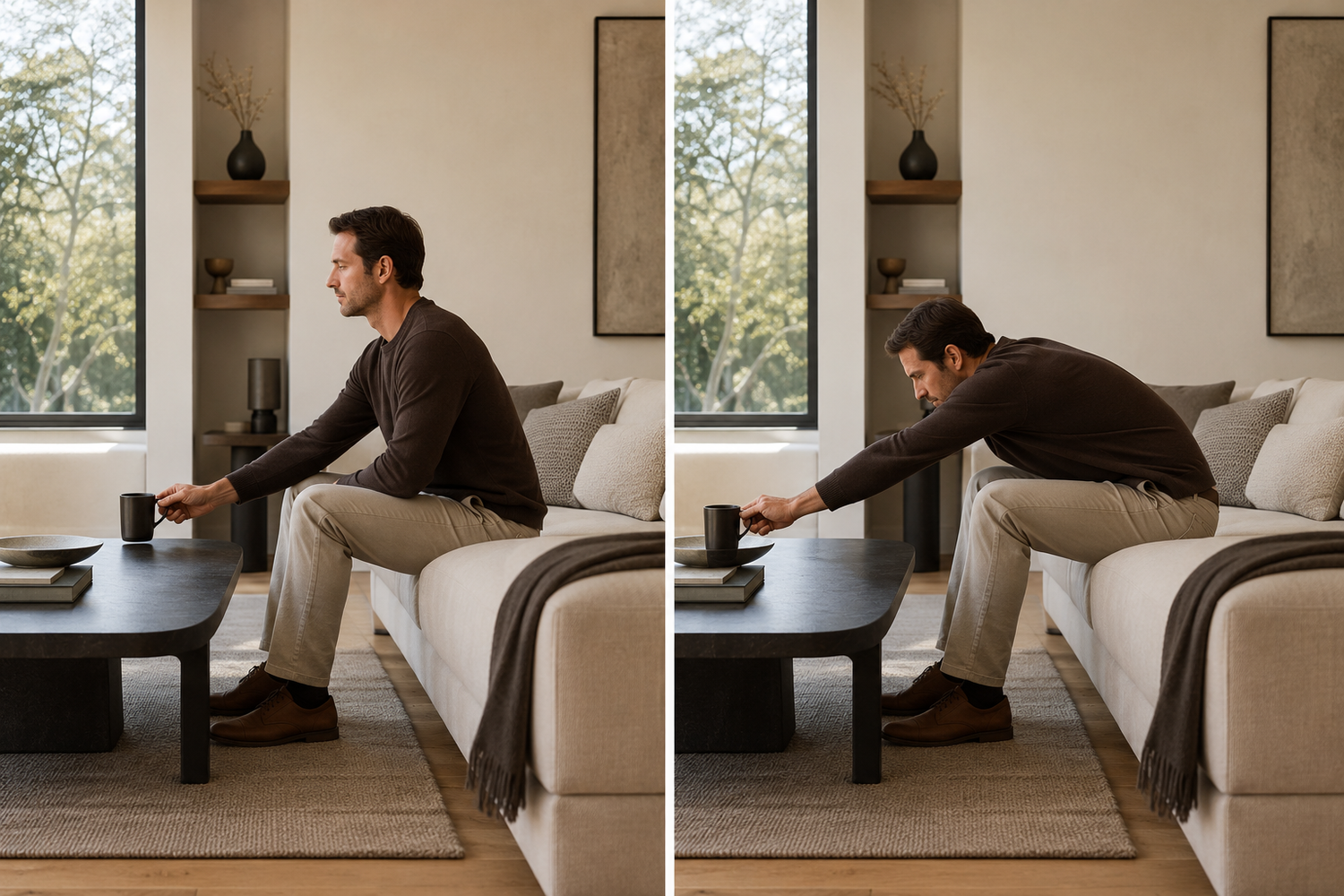 Modern living room showing comfortable seated interaction versus awkward forward leaning caused by poor coffee table ergonomics