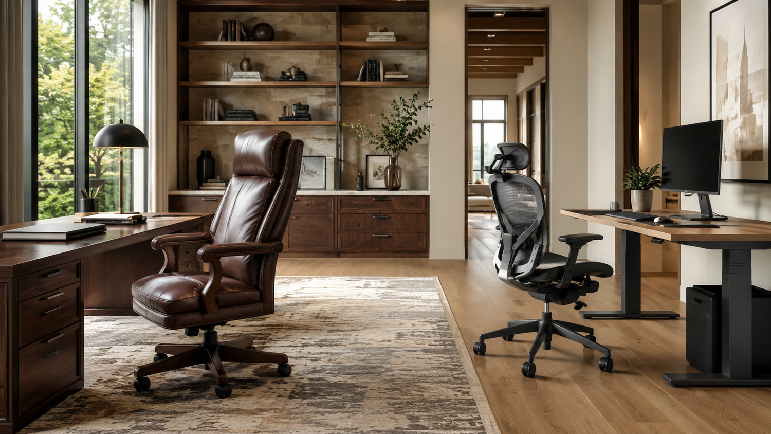 Executive chair vs task chair comparison in a modern home office workspace showing ergonomic seating, productivity-focused task chair, and comfort-focused executive office chair