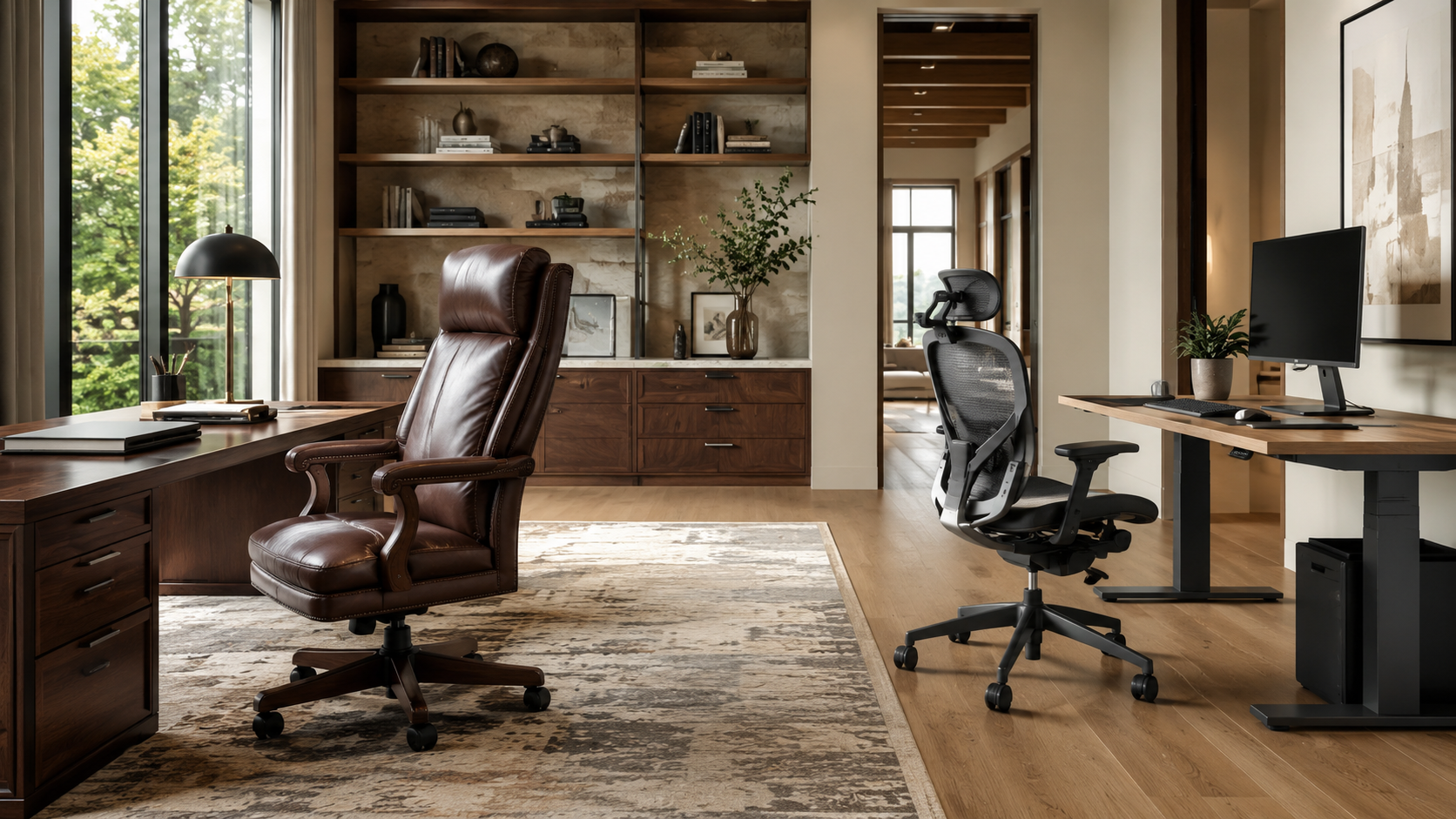 Executive chair vs task chair comparison in a modern home office workspace showing ergonomic seating, productivity-focused task chair, and comfort-focused executive office chair