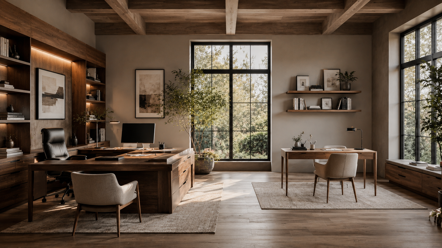 Executive desk vs writing desk comparison in a luxury home office with a large executive workstation, minimalist writing desk, and modern residential workspace design