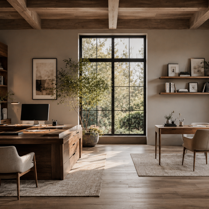 Executive desk vs writing desk comparison in a luxury home office with a large executive workstation, minimalist writing desk, and modern residential workspace design