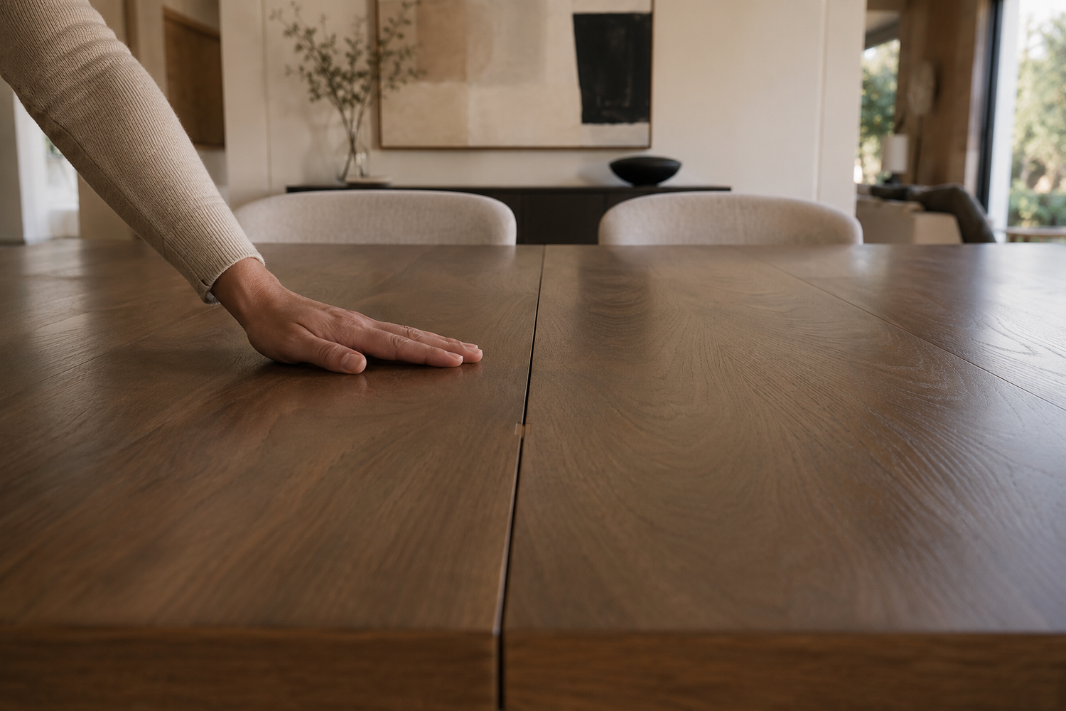 Expandable dining table fully extended with a visible center seam alignment issue, illustrating the engineering causes of center sag, wobble, and extension mechanism failure.