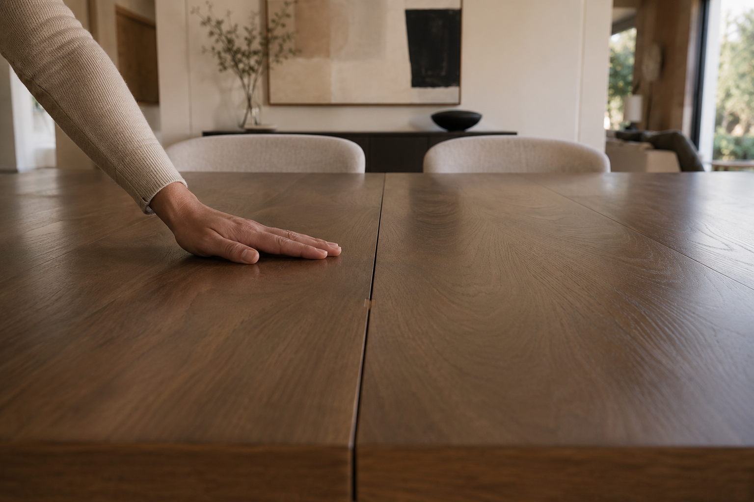 Expandable dining table fully extended with a visible center seam alignment issue, illustrating the engineering causes of center sag, wobble, and extension mechanism failure.