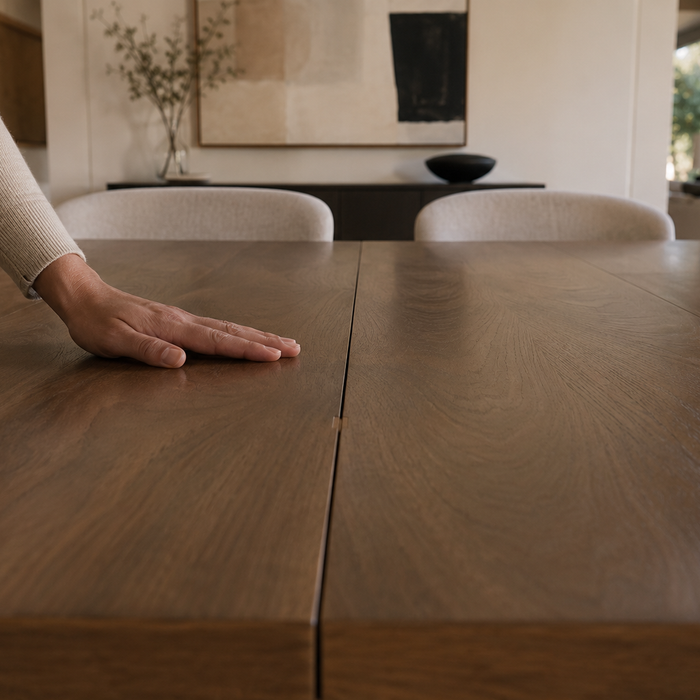 Expandable dining table fully extended with a visible center seam alignment issue, illustrating the engineering causes of center sag, wobble, and extension mechanism failure.