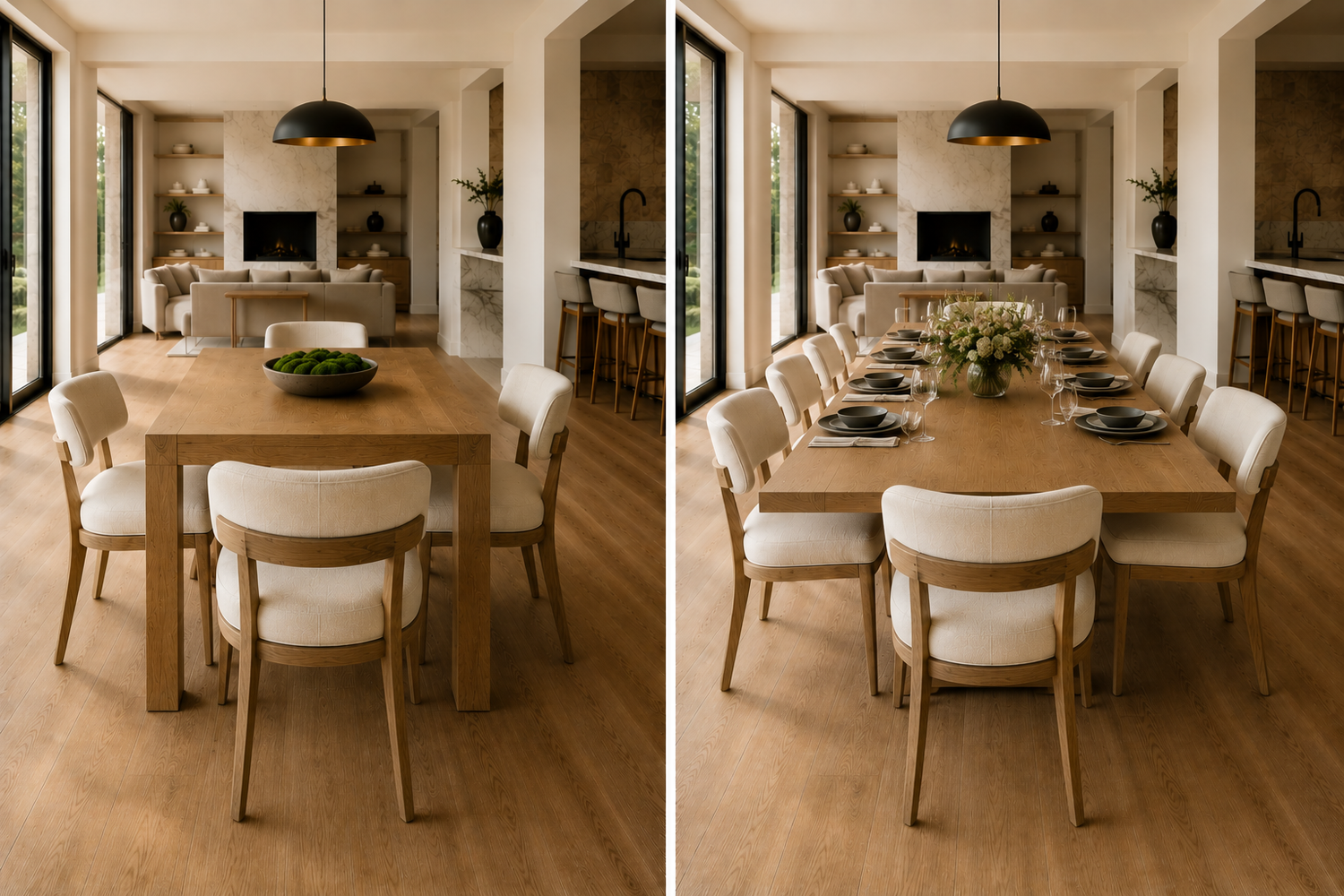 Extendable vs fixed dining table comparison showing compact everyday seating and expanded guest seating in a luxury dining room