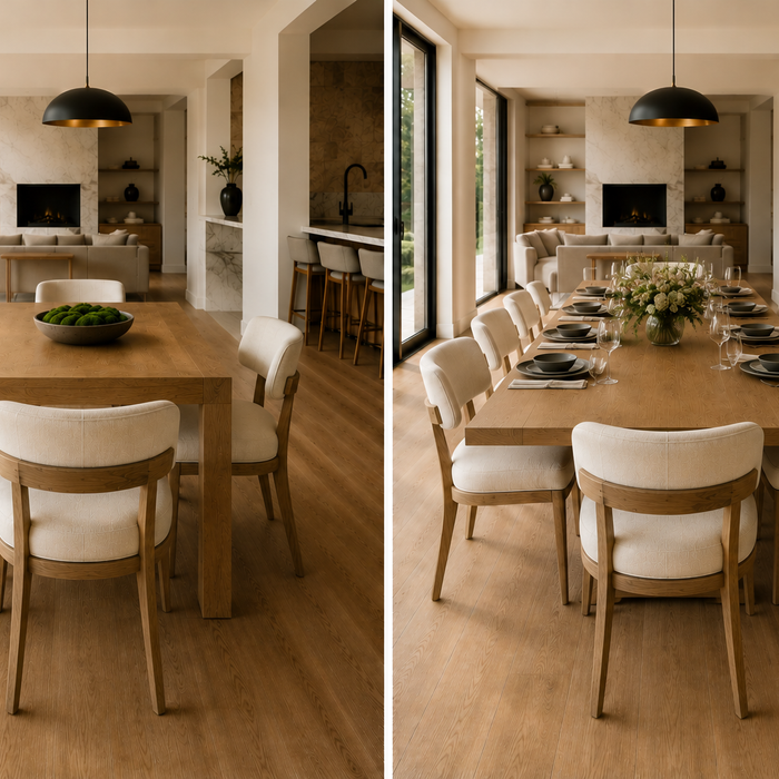 Extendable vs fixed dining table comparison showing compact everyday seating and expanded guest seating in a luxury dining room
