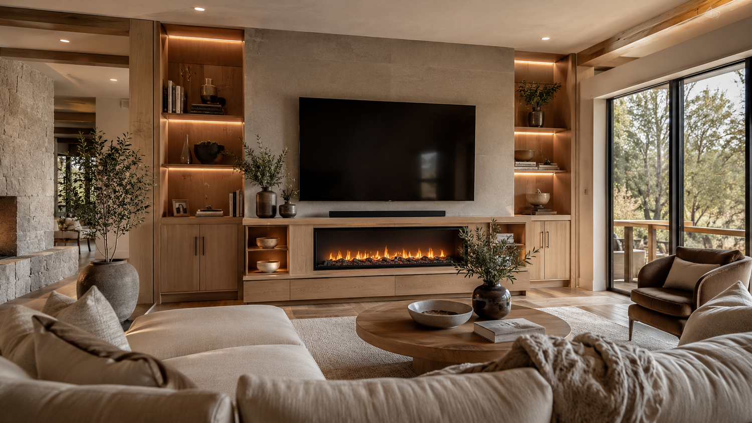 Fireplace TV stand vs standard TV stand comparison showing electric fireplace entertainment center and traditional TV stand furniture in a contemporary living room