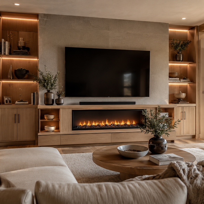 Fireplace TV stand vs standard TV stand comparison showing electric fireplace entertainment center and traditional TV stand furniture in a contemporary living room