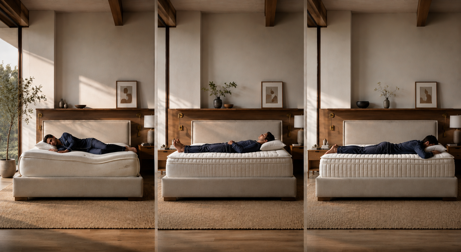 Firm vs soft mattress comparison showing how mattress firmness affects side sleepers, back sleepers, and stomach sleepers