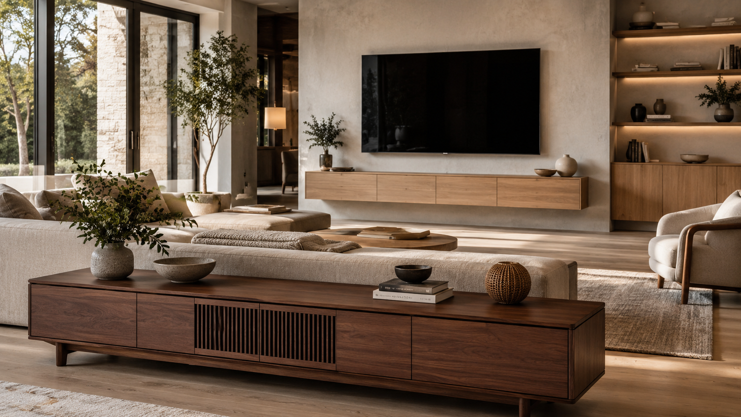 Floating media console vs floor TV stand comparison in a luxury modern living room