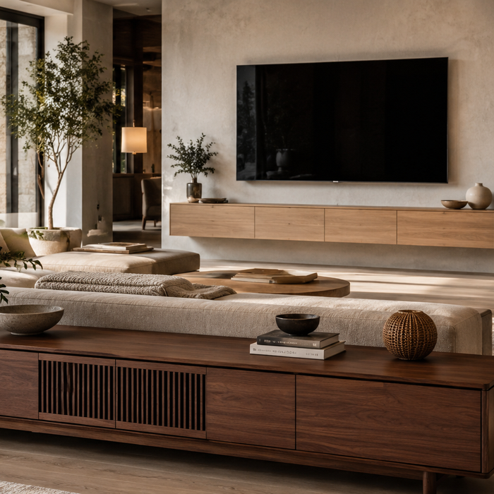 Floating media console vs floor TV stand comparison in a luxury modern living room
