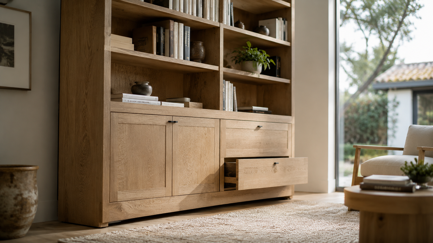 Floor Interaction showing a bookcase rocking on carpet due to uneven load sharing, base compliance, and cabinet instability