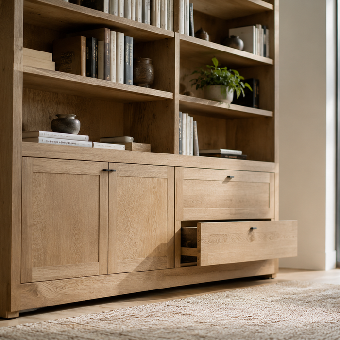 Floor Interaction showing a bookcase rocking on carpet due to uneven load sharing, base compliance, and cabinet instability