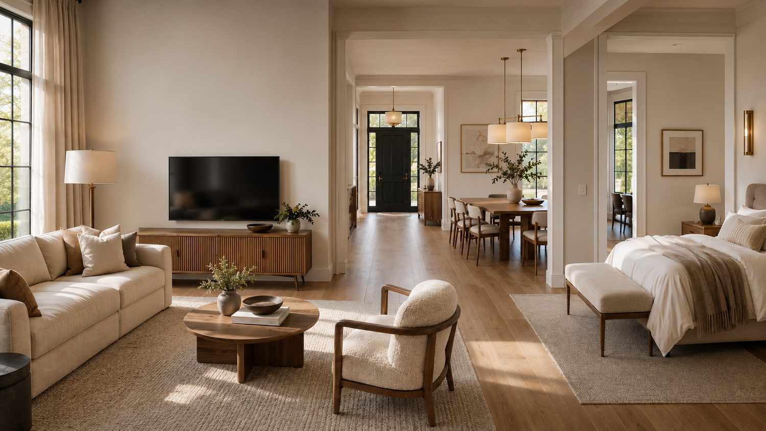 Furniture size guide showing room measurements, furniture dimensions, and spacing rules for living rooms, dining rooms, bedrooms, and entryways.