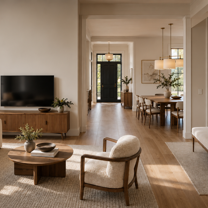 Furniture size guide showing room measurements, furniture dimensions, and spacing rules for living rooms, dining rooms, bedrooms, and entryways.