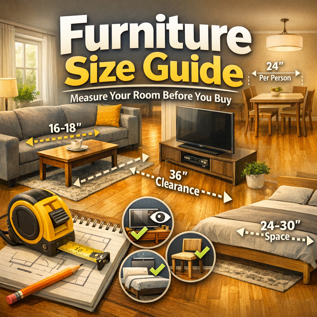 Furniture size guide showing sofa spacing, coffee table distance, walkway clearance, dining table spacing, and bedroom layout measurements