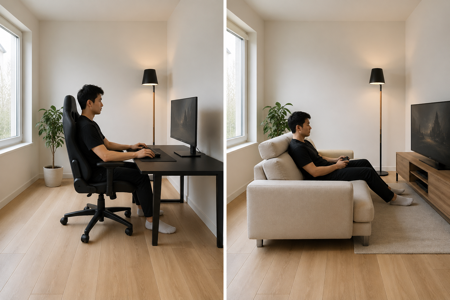 gaming chair vs gaming sofa side-by-side comparison showing desk gaming setup and living room console gaming environment