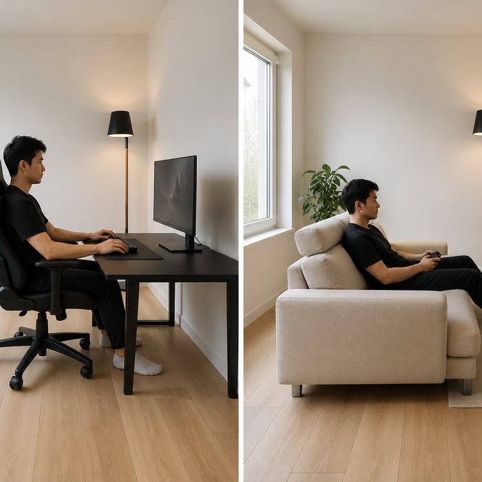 gaming chair vs gaming sofa side-by-side comparison showing desk gaming setup and living room console gaming environment