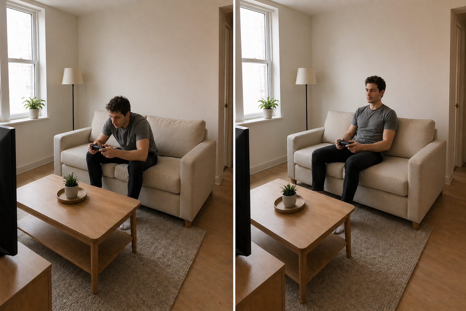 Why couches cause back pain during gaming with comparison of bad posture and proper supported sitting