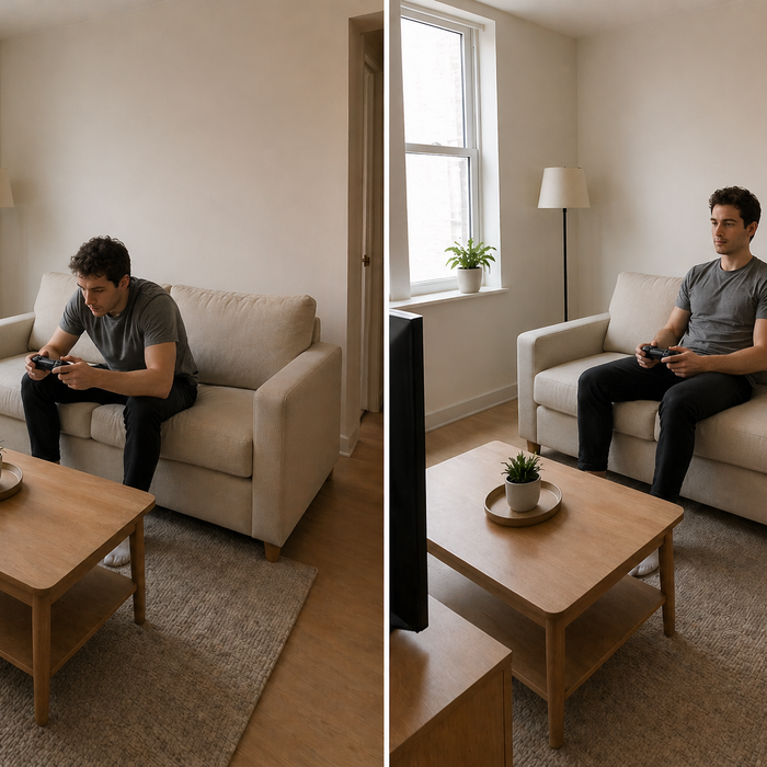 Why couches cause back pain during gaming with comparison of bad posture and proper supported sitting