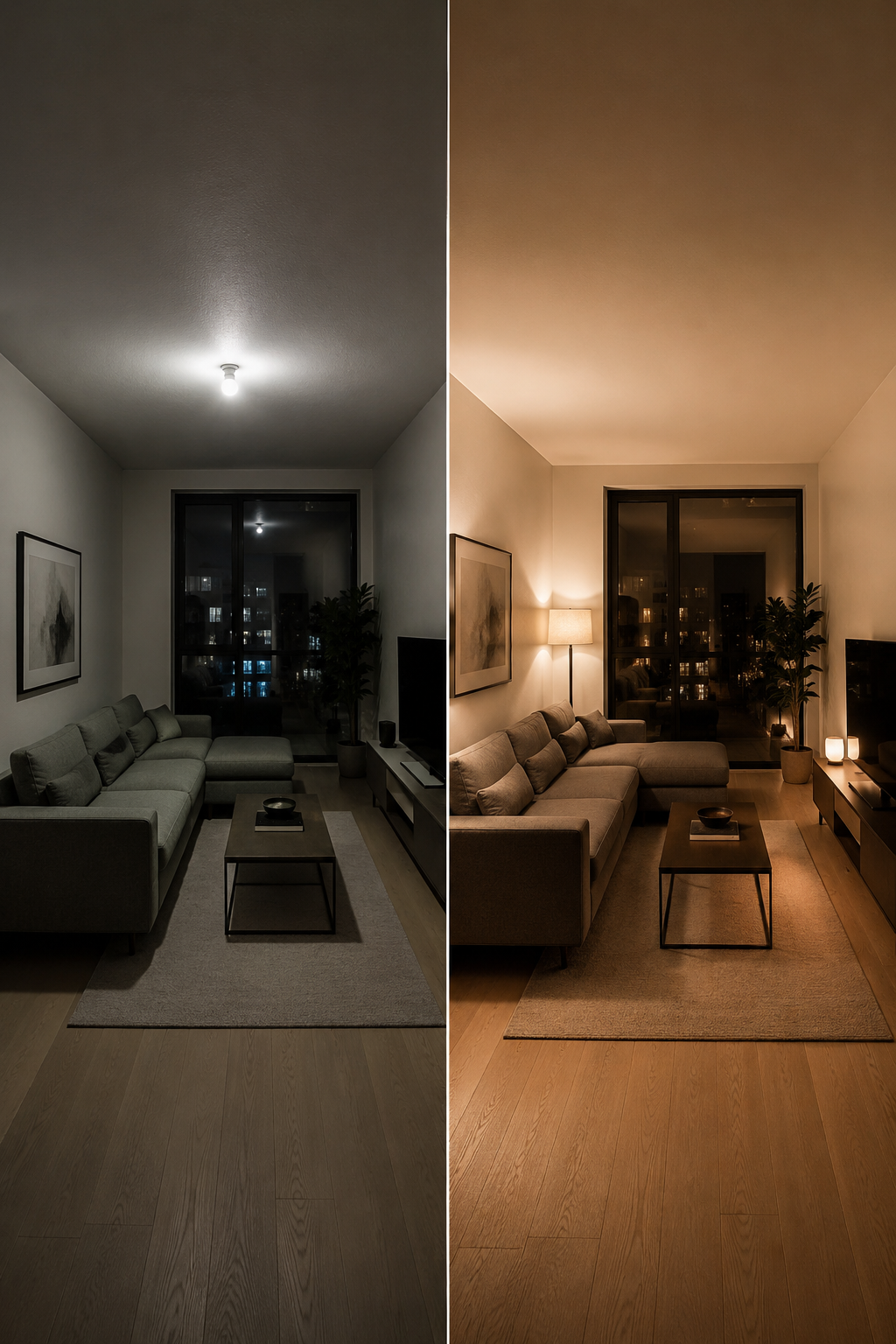Why a grey sofa looks green at night under bad living room lighting compared with warm layered apartment lighting that restores true color and depth