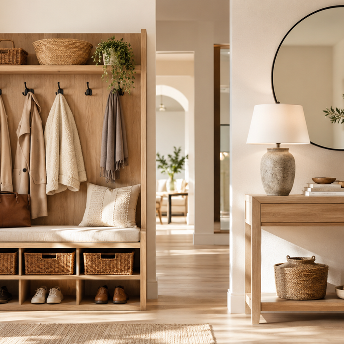 Hall tree vs console table comparison in a Scandinavian entryway featuring organized storage, decorative styling, and modern furniture design