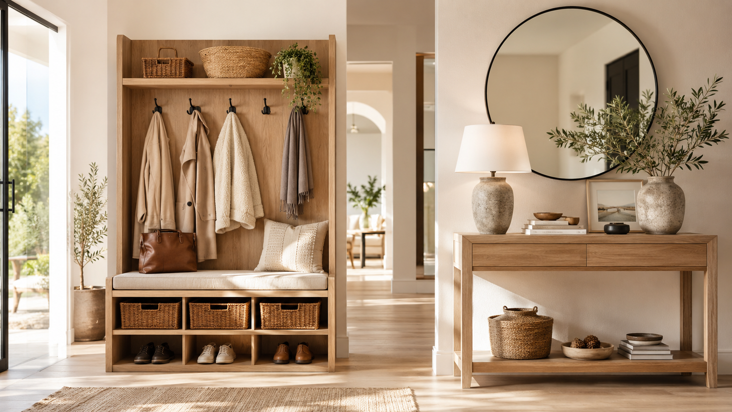 Hall tree vs console table comparison in a Scandinavian entryway featuring organized storage, decorative styling, and modern furniture design