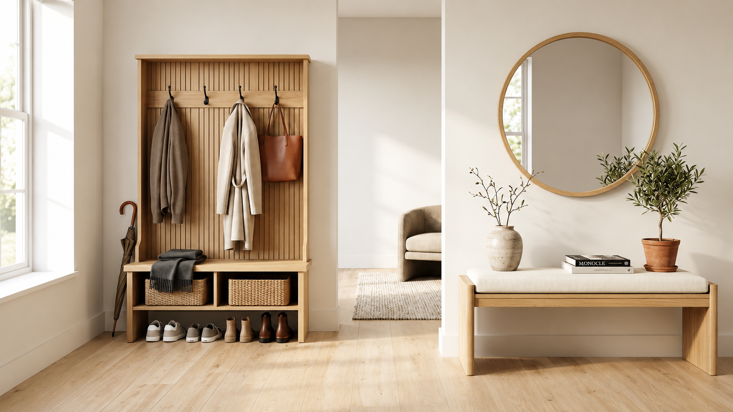 Hall tree vs. entryway bench comparison in a modern Scandinavian entryway showing all-in-one storage with coat hooks beside a minimalist seating bench.