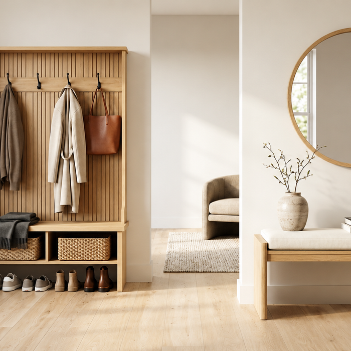 Hall tree vs. entryway bench comparison in a modern Scandinavian entryway showing all-in-one storage with coat hooks beside a minimalist seating bench.