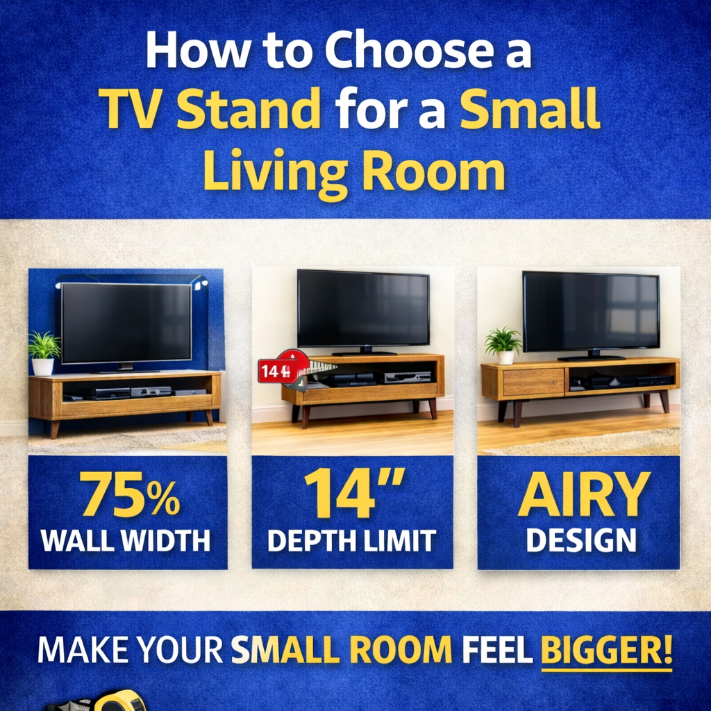How to choose a TV stand for a small living room showing 75% wall width rule, 14 inch depth limit, and airy design for better space and walkway flow