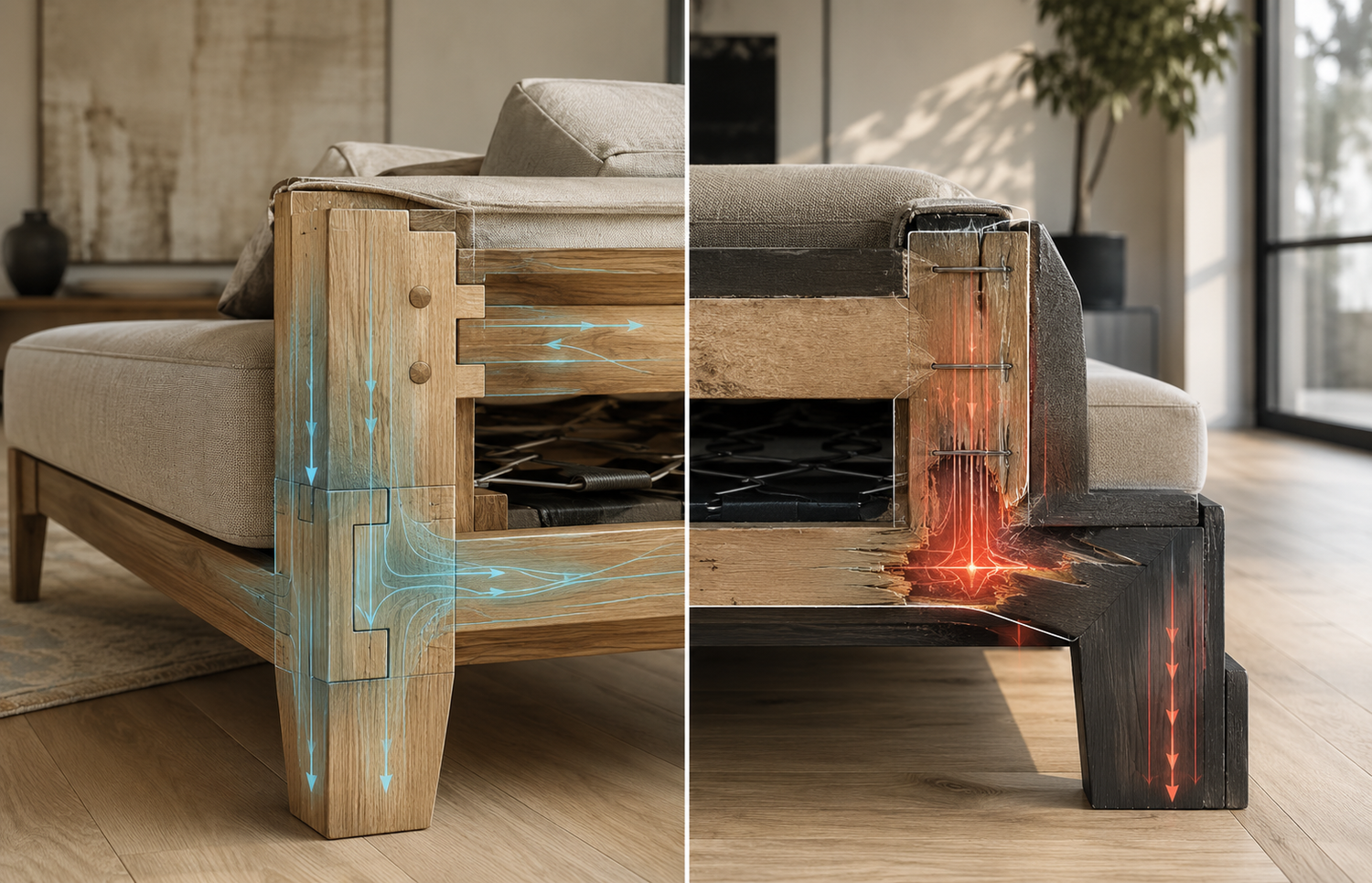 Luxury sofa frame engineering visualization showing hidden structural stress, joint fatigue, and the real reason couches begin to squeak, loosen, and wobble over time