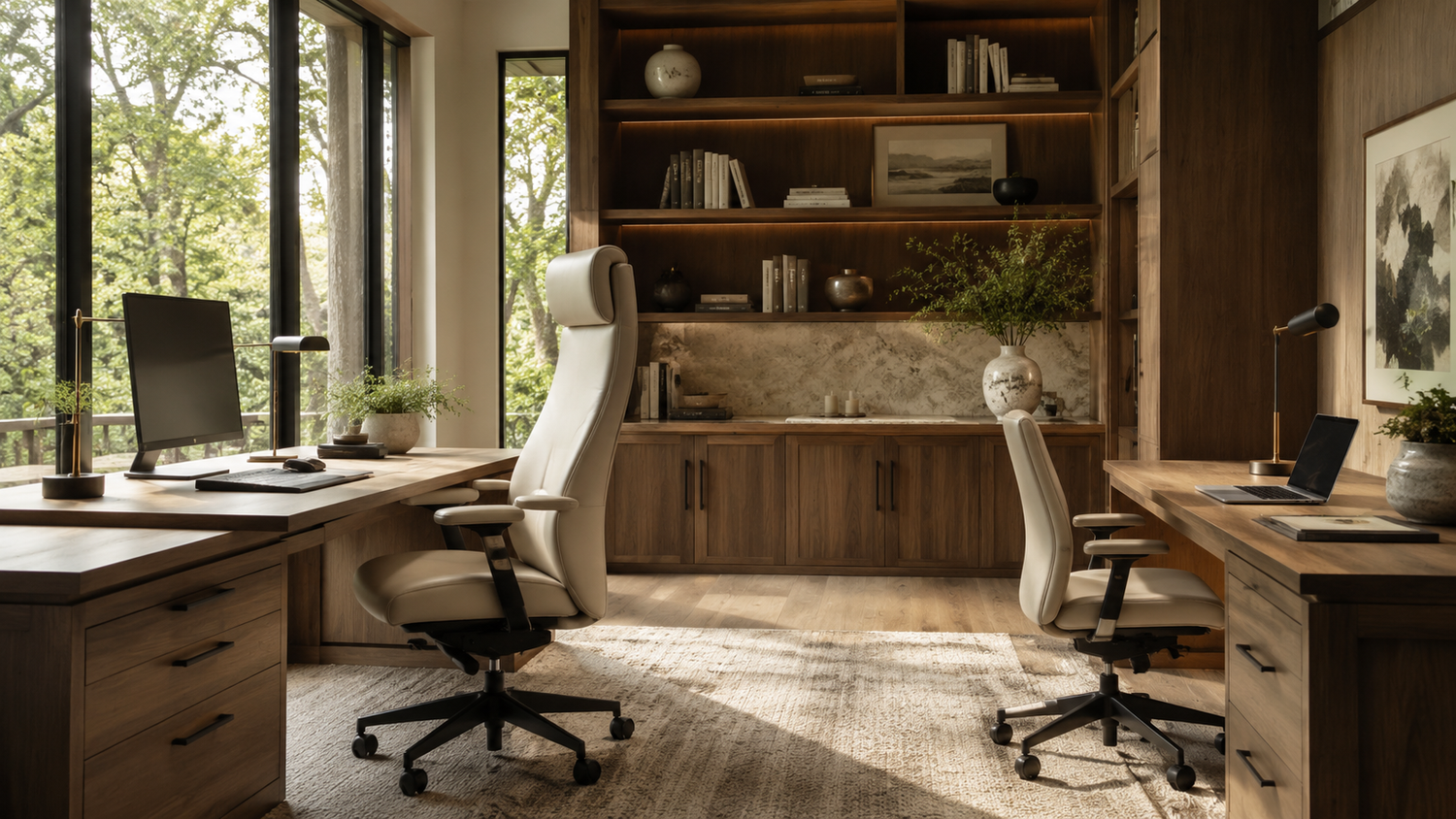High-back office chair vs mid-back office chair in a modern home office comparing support coverage, ergonomics, comfort, and space requirements