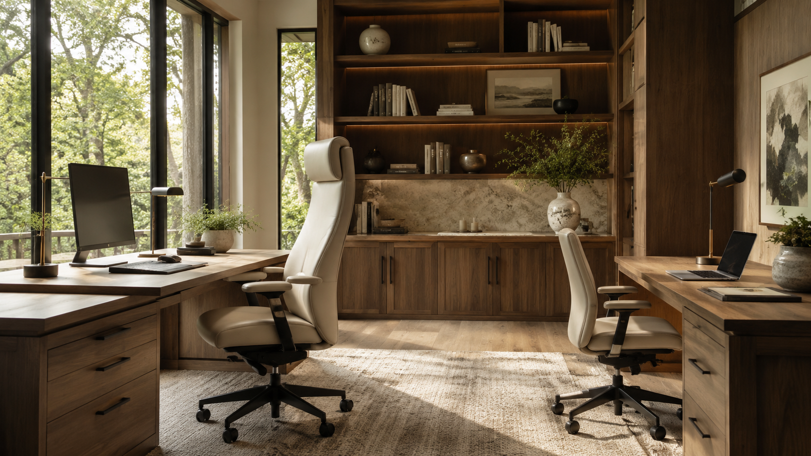 High-back office chair vs mid-back office chair in a modern home office comparing support coverage, ergonomics, comfort, and space requirements